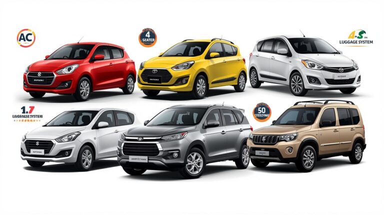 create car rental image for my website car rental section. car photo swift dzire, innova crysta, wagnr, bolero, include ac, music system, 4,8,6,9 seater, luggage system add. (1)