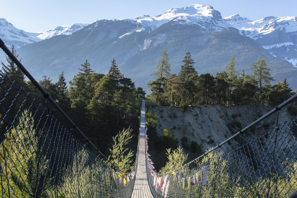 bridge, mountain, snow, nature, heaven, wood, architecture, wooden, signpost, bhutan-bridge, illgraben, good weather, railing